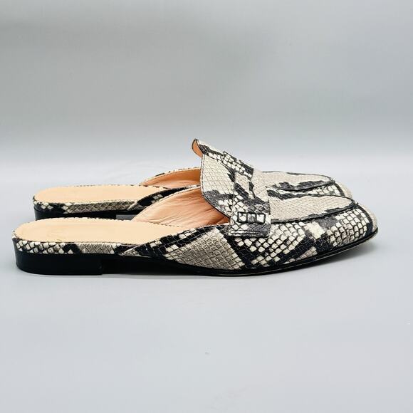 J Crew Shoes Womens 8.5 Gray Black Leather Mule Loafer Academy Snakeskin Slip On - Picture 1 of 10